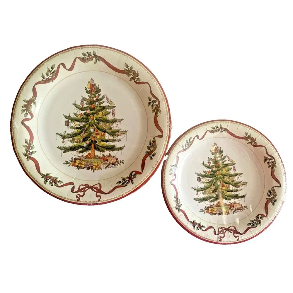 Spode Christmas Tree Holly & Ribbon 16 Dinner & 16 Dessert Coated Paper Plates